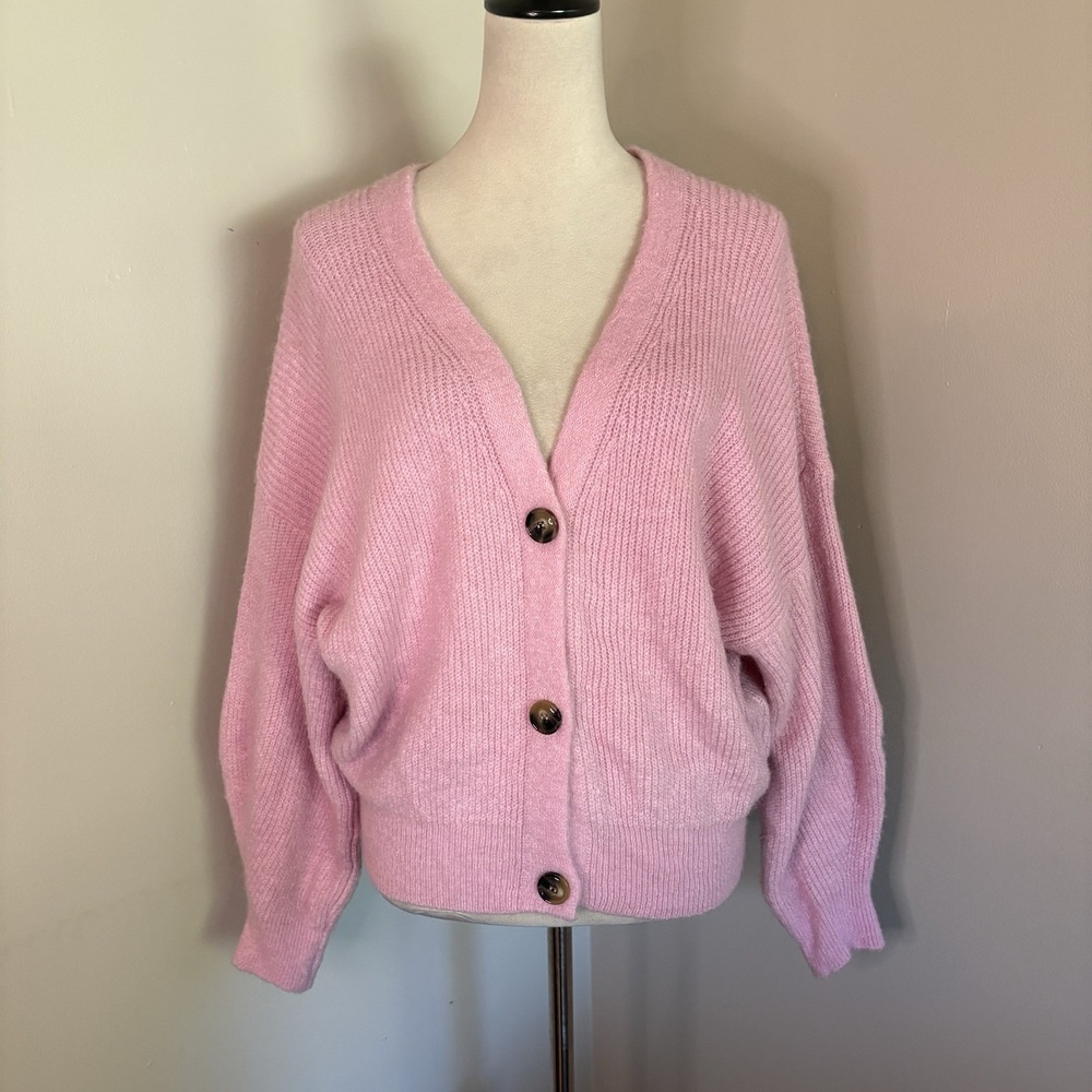 Mika Elles Paris Mohair Blend Cardigan Sweater Pink Chunky Ribbed Knit V-Neck OS